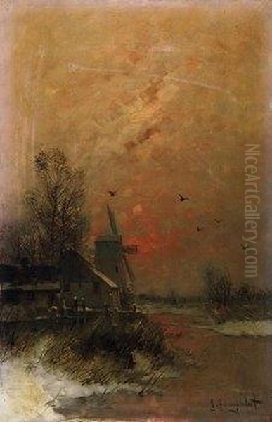 Yard With Windmill On A Winter Evening. Signed Bottom Right: J. Jungblut Oil Painting by Johann Jungblutt