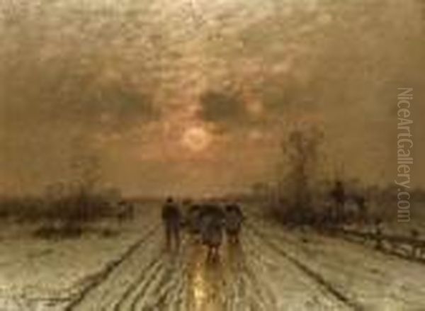 Winterlandschaft Im Abendlicht Mit
 Heimkehrenden Bauern. Oil Painting by Johann Jungblutt