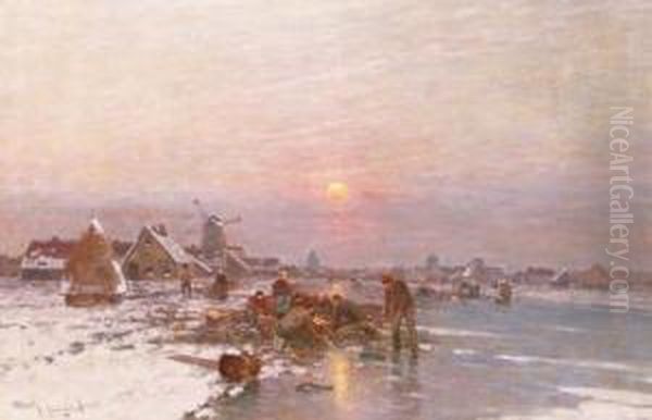 Ice-fishing At Dusk Oil Painting by Johann Jungblutt