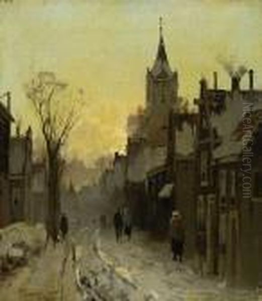 Strasenszene In Winterlicher
 Kleinstadt. Oil Painting by Johann Jungblutt