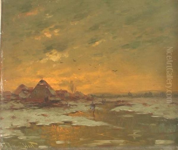 Winterlandschaft Am Niederrhein Oil Painting by Johann Jungblutt