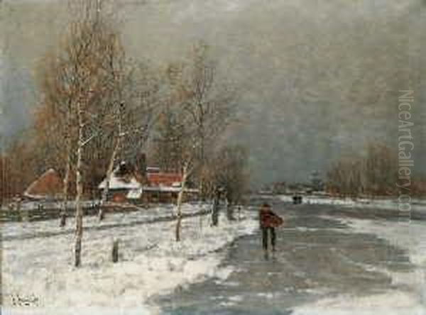 Winterlandschaft Mit Eislaufern. Oil Painting by Johann Jungblutt