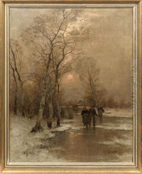 Niederrheinische Winterlandschaft Mit Eislaufern Oil Painting by Johann Jungblutt