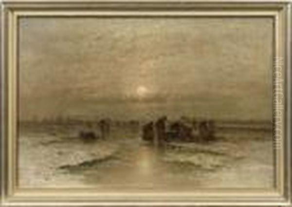 Hollandische Abendlandschaft Mit Eisfischern Oil Painting by Johann Jungblutt