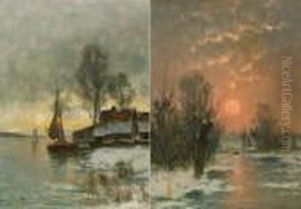 Uferlandschaft Mit Hausern Und Boot Bei Dammerung; Winterlandschaft Bei Sonnenuntergang Oil Painting by Johann Jungblutt