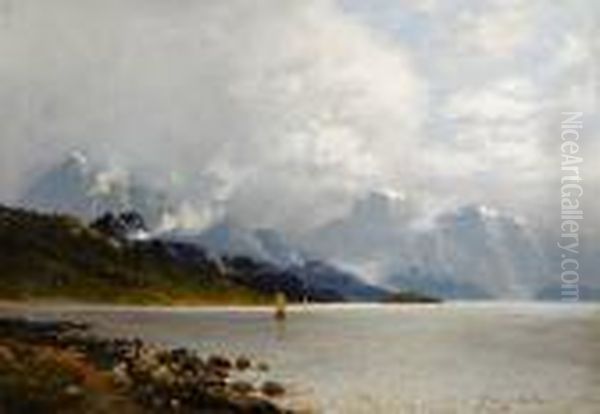 Segelbatar Pa Sjo Omgiven Av Alper Oil Painting by Johann Jungblutt