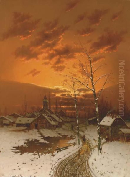 The Colourful Sunset In Winter Oil Painting by Johann Jungblutt