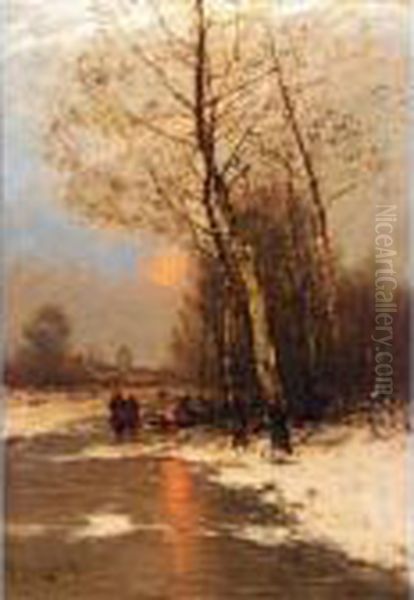 Dutch Winter Landscape Oil Painting by Johann Jungblutt