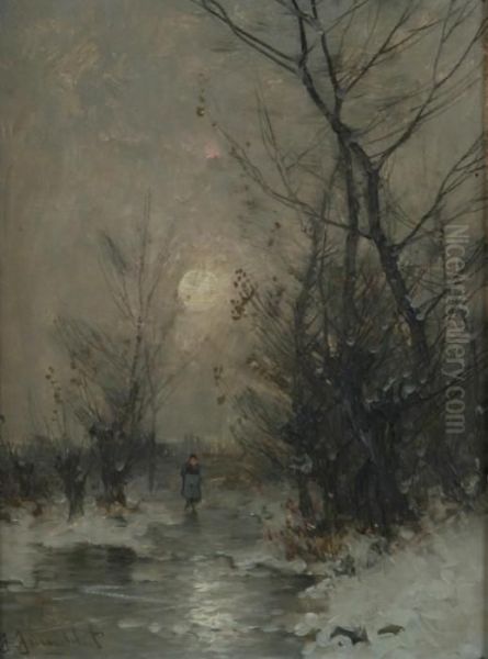 Moonlit Scene Oil Painting by Johann Jungblutt