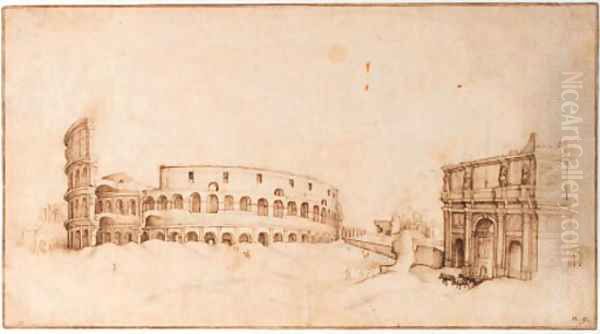 A view of the Colosseum with a triumphal arch Oil Painting by Willem van, the Younger Nieulandt