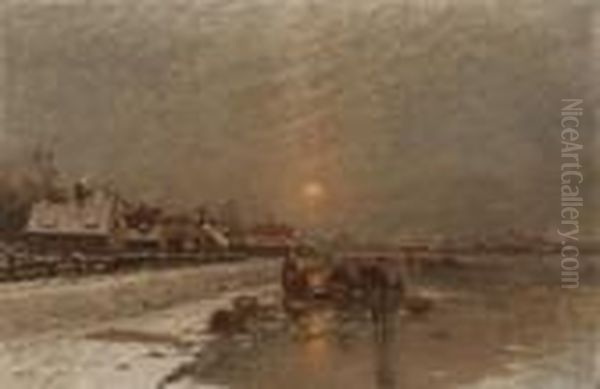 Winterabend In Einem Hollandischen
 Dorf. Oil Painting by Johann Jungblutt