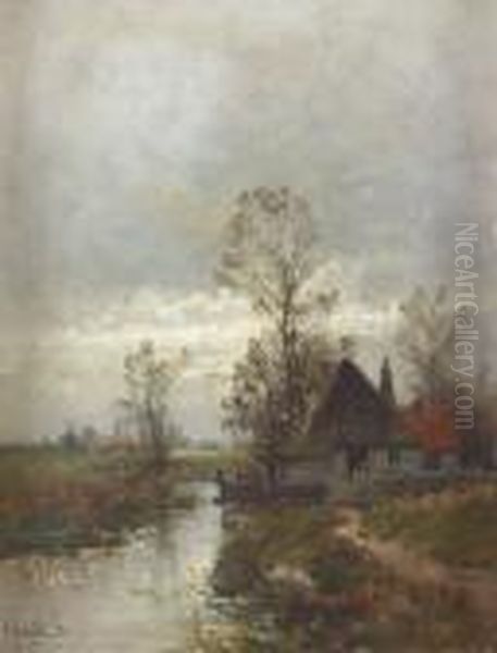 Abendliche Landschaft Mit Bauernhaus. Oil Painting by Johann Jungblutt