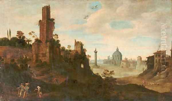 An extensive landscape with elegant figures passing a beggar on a track, ruins nearby and a 'capriccio' view of Rome in the distance Oil Painting by Willem van, the Younger Nieulandt