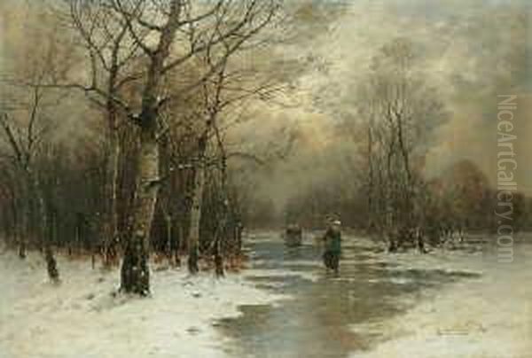 Winterabend. Signiert Unten Rechts: J. Jungblut. Ol Auf Leinwand. H 80; B 120 Cm. Oil Painting by Johann Jungblutt