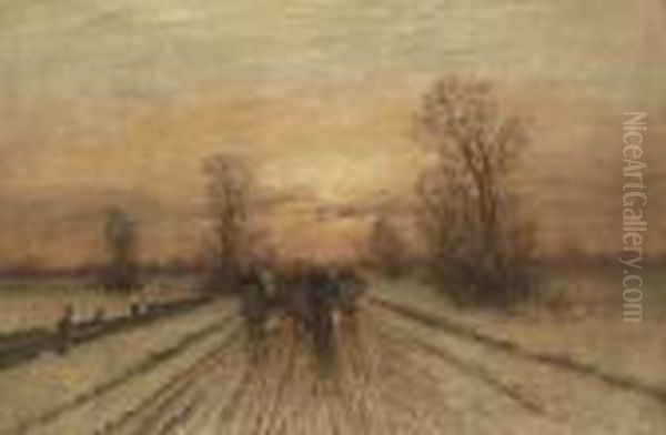 Abendlicher Heimweg In
 Winterlandschaft. Oil Painting by Johann Jungblutt