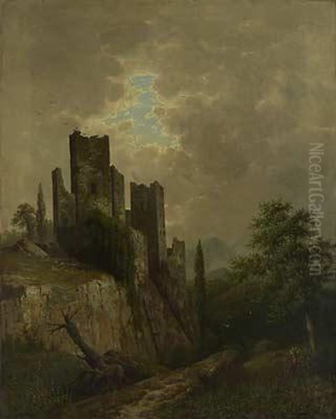 Aufreisender Himmel Uber Burgruine Oil Painting by Johann Jungblutt