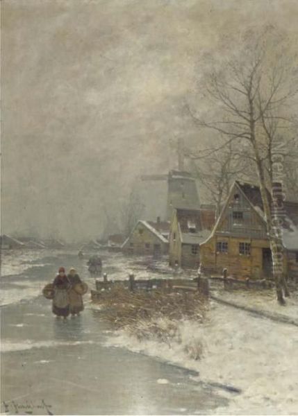 Walking Home In Winter Oil Painting by Johann Jungblutt