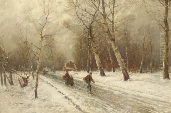 Figures On A Snow Covered Country Road Oil Painting by Johann Jungblutt