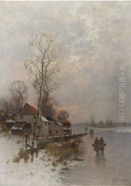 Walking Home On A Winters Day At Dusk Oil Painting by Johann Jungblutt