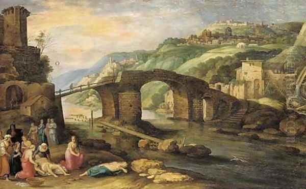 An Italiante landscape with a bridge before a town, Hero and Leander in the foreground Oil Painting by Willem van, the Younger Nieulandt