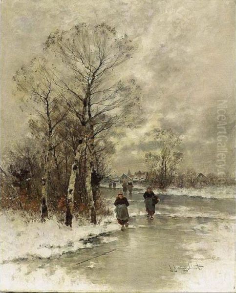 A Winter Landscape With Figures On A Frozen River Oil Painting by Johann Jungblutt