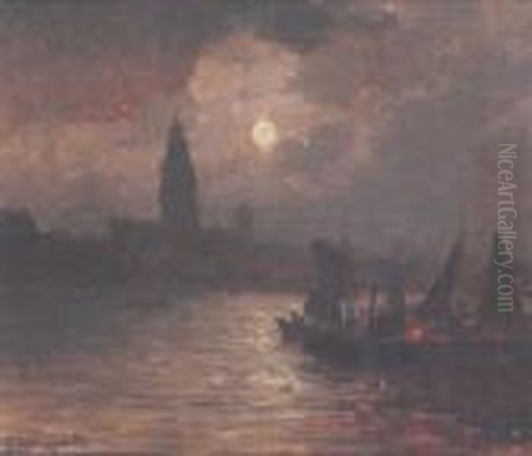 Moonlit Harbour Oil Painting by Johann Jungblutt