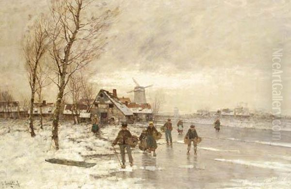 A Winter Landscape With Figures On A Frozen Waterway Oil Painting by Johann Jungblutt