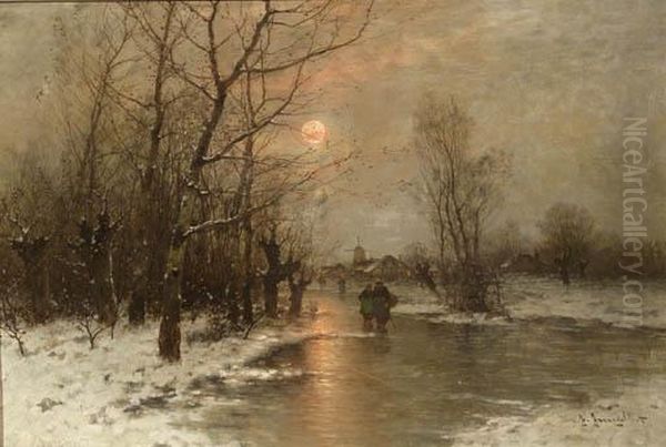 Peasants On A Frozen Waterway At Dusk Oil Painting by Johann Jungblutt