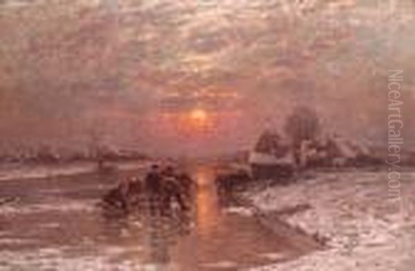 A Winter Landscape At Dusk With Figures Fishing On The Ice Oil Painting by Johann Jungblutt