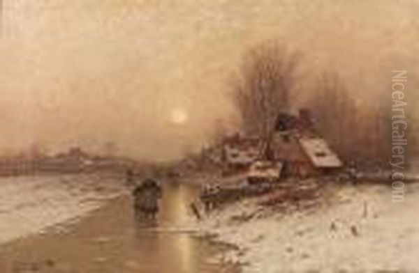 A Winter Landscape With Peasants Walking On The Ice Oil Painting by Johann Jungblutt