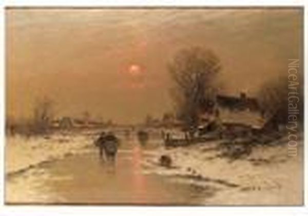 A Moonlit River Landscape In Winter Oil Painting by Johann Jungblutt