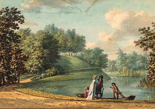 Elegant company entering a rowing boat on the 'Groote Kom' in the gardens of Castle Groeneveld, near Baarn Oil Painting by Hermanus Numan