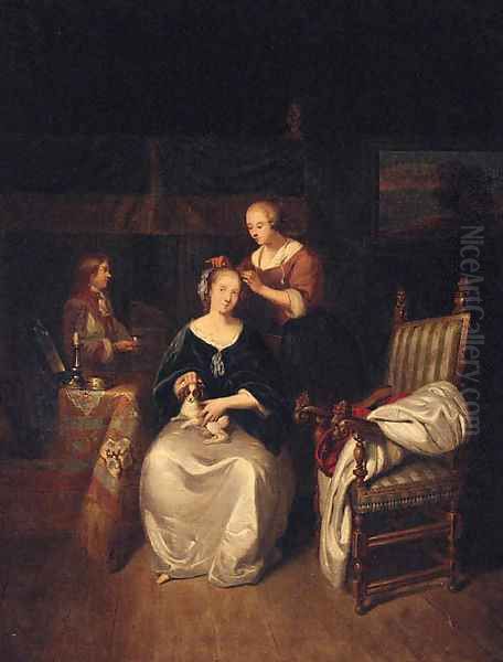 A lady seated in an interior with a spaniel on her lap, a servant tending her hair Oil Painting by Caspar Netscher