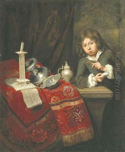 A boy blowing bubbles by a partially draped ledge Oil Painting by Caspar Netscher