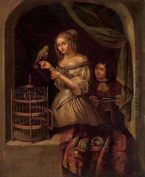 A lady with a parrot at a casement 2 Oil Painting by Caspar Netscher