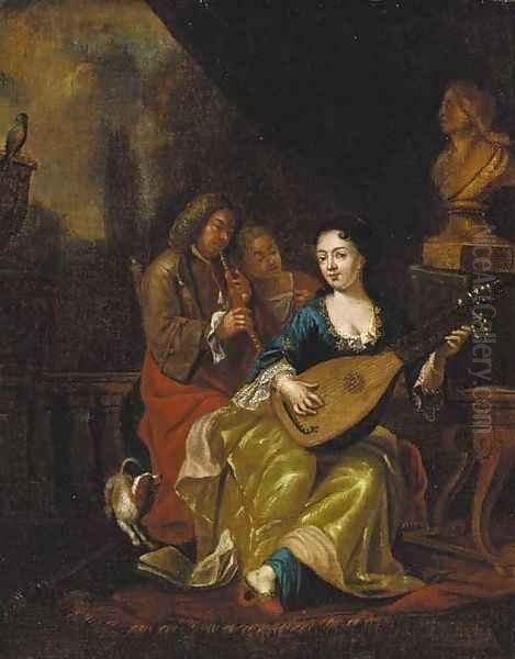 Elegant company making music on a terrace Oil Painting by Caspar Netscher