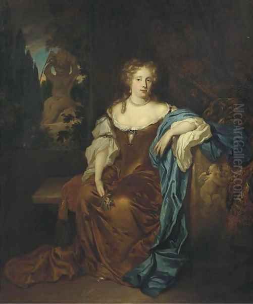 Portrait of a lady, full-length, in an ochre silk dress, seated on a terrace before a curtain, a fountain in a garden beyond Oil Painting by Caspar Netscher