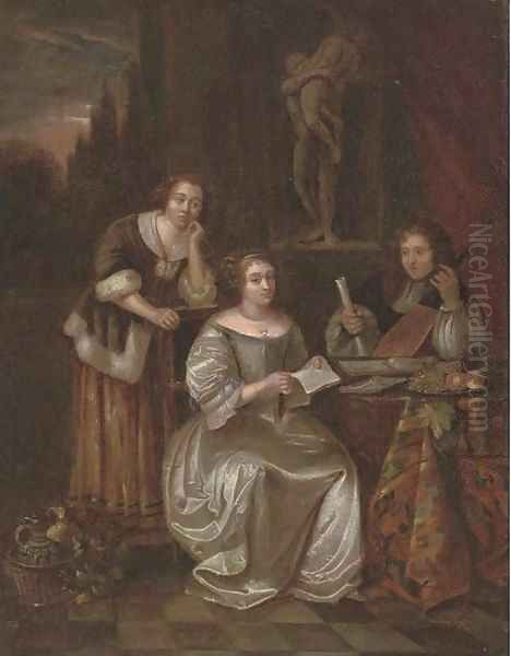 Elegant company making music in an interior Oil Painting by Caspar Netscher