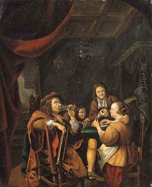 Officers drinking at table in a brothel Oil Painting by Caspar Netscher