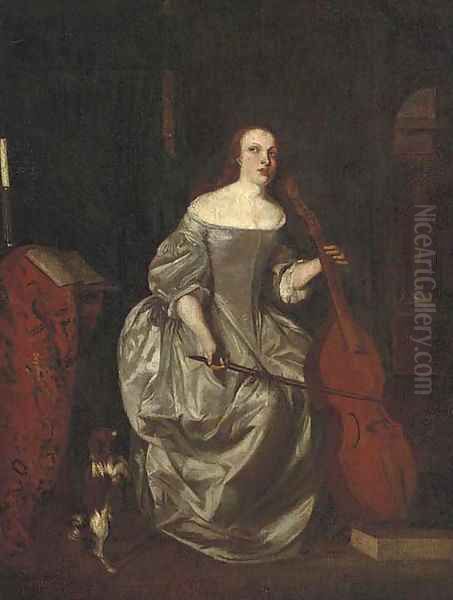 A lady playing a cello in an interior with a dog at her side Oil Painting by Caspar Netscher