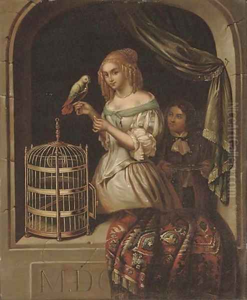 A lady with a parrot at a casement Oil Painting by Caspar Netscher