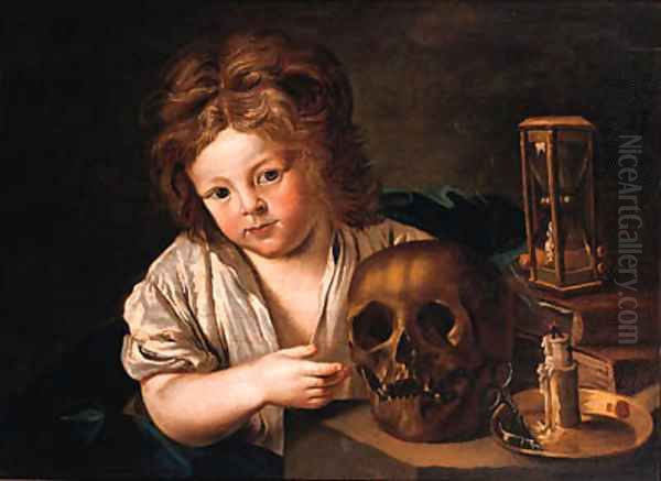 A Vanitas a boy seated at a table with a skull Oil Painting by Antoine Le Nain