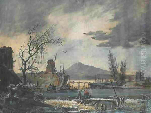 A harbour seen in winter, under a stormy sky Oil Painting by Alexandre-Jean Noel