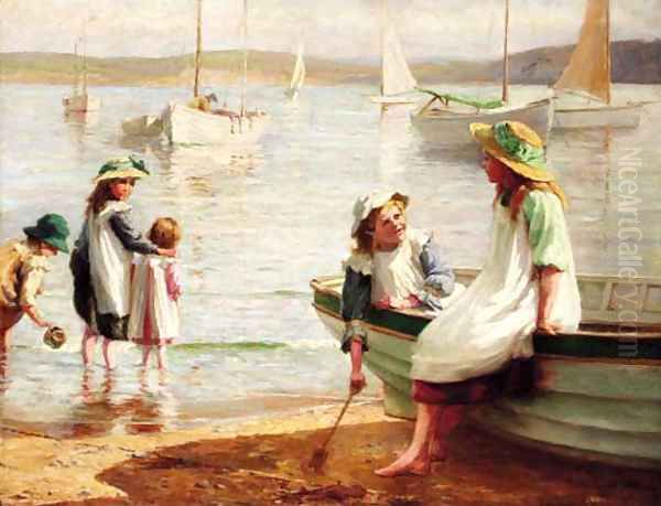 Children playing on the beach Oil Painting by Alice Hogarth Nicholson