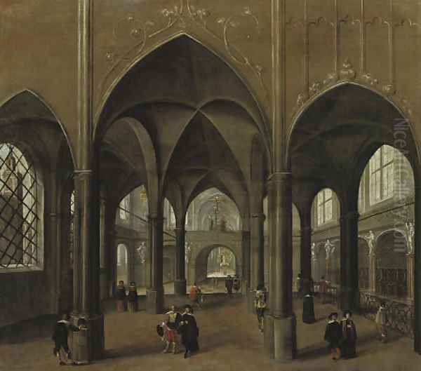 The interior of a church with elegant figures Oil Painting by Pieter the Younger Neefs