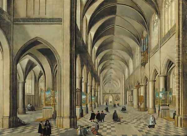 The interior of a Gothic Cathedral with elegant company and other figures Oil Painting by Pieter the Younger Neefs