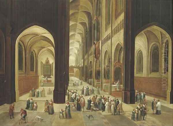 The interior of a gothic church with elegant company Oil Painting by Pieter the Younger Neefs