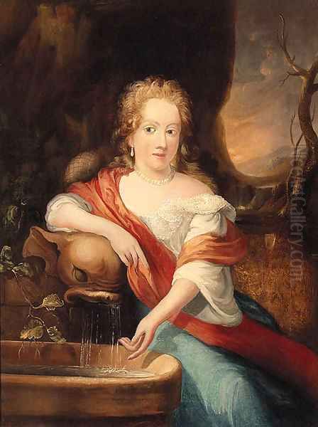 Portrait Of A Lady, Seated Small Three-Quarter-Length, By A Fountain Oil Painting by Casper Netscher