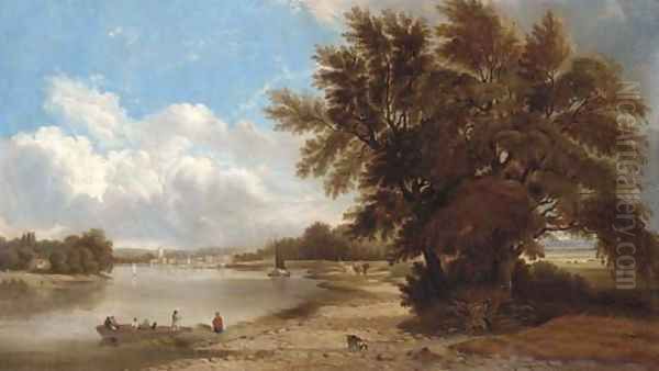 Figures in a river landscape Oil Painting by Edmund John Neimann