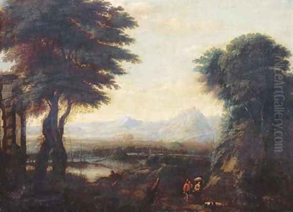 An extensive river landscape with travellers and their flock on a path 2 Oil Painting by Gillis Neyts